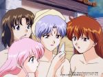  4girls 90s :o blue_eyes brown_hair collarbone dated holding juliana_(megami_paradise) lilith_(megami_paradise) long_hair megami_paradise multiple_girls nude official_art onsen pink_hair profile red_eyes red_hair rurubell short_hair silver_hair staring stashia towel towel_on_head upper_body 