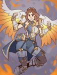  angel_wings armor boots brown_eyes brown_hair fire furia_(paladins) garter_straps paladins splashbrush thigh_boots thighhighs wings 