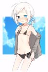  bikini black_bikini blue_eyes blue_scrunchie blurry blurry_background fang flat_chest groin hair_ornament hairclip higashi_shino highres looking_at_viewer navel off_shoulder original pointy_ears scrunchie short_hair side-tie_bikini solo swimsuit undressing white_hair 