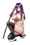  a2bnis arm_behind_back bad_id bad_pixiv_id bangs black_legwear blue_eyes breasts closed_mouth collarbone eyelashes hair_between_eyes half-closed_eyes hand_up highres holding holding_sword holding_weapon katana large_breasts long_hair looking_at_viewer nipples nude one_knee original purple_hair shiny shiny_skin sidelocks simple_background smile solo sword thighhighs weapon white_background white_footwear 