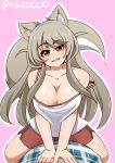  absurdres animal_ears areola_slip areolae bangs bare_shoulders blush breasts cleavage crop_top fang fox_ears fox_tail green_eyes hair_flaps halter_top halterneck highres large_breasts lily_the_mechanic long_hair looking_at_viewer lost_pause no_bra smile solo_focus tail ysui0000 