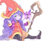  animal_ears black_hair black_legwear blush closed_mouth commentary_request curly_hair dress fairy full_body hand_in_hair hat kogen league_of_legends long_hair long_sleeves looking_at_viewer lulu_(league_of_legends) pantyhose shoes simple_background sitting smile staff striped_sleeves very_long_hair wavy_mouth white_background witch_hat yordle 