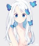  arms_at_sides artist_name bare_arms bare_shoulders blue_butterfly blue_eyes breasts bug butterfly covering expressionless grey_background hair_censor hair_over_breasts highres insect long_hair nude nude_cover original rika_(tan0002) simple_background solo upper_body white_hair 