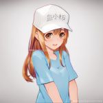  artist_name blue_shirt blush brown_eyes commentary english_commentary hataraku_saibou light_brown_hair long_hair nudtawut_thongmai open_mouth platelet_(hataraku_saibou) shirt short_sleeves simple_background solo upper_body watermark web_address white_background 