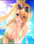  bent_over blonde_hair blue_eyes blush braid breasts cleavage day eyewear_on_head green_swimsuit hair_ornament hand_to_own_mouth huge_breasts ocean official_art open_mouth phantom_of_the_kill ponytail shinobi_nightmare sky sunglasses swimsuit yuri_(shinobi_nightmare) 