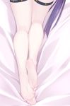  ankles barefoot bed_sheet body_pillow close-up commentary_request dakimakura fate/grand_order fate_(series) feet kneepits legs long_hair long_legs lying naturalton on_bed purple_hair saint_martha saint_martha_(swimsuit_ruler)_(fate) soles solo thigh_strap thighs toes 