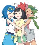  ;d ^_^ beanie black_hair blue_hair blush closed_eyes dark_skin green_eyes green_hair green_shorts hat hug hug_from_behind ixy long_hair mao_(pokemon) mizuki_(pokemon) multiple_girls one_eye_closed open_mouth pokemon pokemon_(game) pokemon_sm red_hat short_hair short_sleeves shorts simple_background smile suiren_(pokemon) twintails white_background 