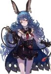  animal_ears armpits blue_hair breasts brown_eyes cape chobi_(sakuyasakuhana) cowboy_shot curly_hair dress earrings ferry_(granblue_fantasy) frilled_dress frills gloves granblue_fantasy highres holding jewelry long_hair looking_at_viewer sailor_collar sideboob wavy_hair whip 