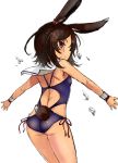  absurdres animal_ears ass azur_lane black_hair bracer brown_eyes bunny_ears bunny_tail commentary_request detached_collar from_behind highres i-26_(azur_lane) looking_back one-piece_swimsuit outstretched_arms sailor_collar sasahara_yuuki school_swimsuit short_hair side-tie_swimsuit simple_background smile solo swimsuit tail white_background 