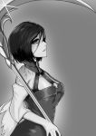  absurdres bangs bare_shoulders breasts commentary_request dress dungeon_and_fighter female_priest_(dungeon_and_fighter) grey_background greyscale hair_between_eyes highres holding holding_scythe looking_at_viewer looking_to_the_side medium_breasts mistress_(dungeon_and_fighter) mo_ying_yu monochrome o-ring parted_lips profile scythe shoulder_tattoo sleeveless sleeveless_dress solo tattoo 