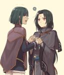  ? akke black_hair bob_cut cape dark_skin dark_skinned_male facial_mark fire_emblem fire_emblem:_akatsuki_no_megami fire_emblem:_souen_no_kiseki forehead_mark green_hair holding_hands kurthnaga long_hair multiple_boys open_mouth pants red_eyes simple_background soren straight_hair sweatdrop white_pants 