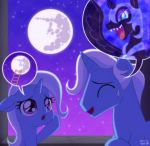  2018 blue_hair blush cute daughter dialogue duo equine eyebrows eyelashes eyes_closed father father_and_daughter female feral floppy_ears friendship_is_magic hair hooves horn inside jack_pot_(mlp) ladder male mammal moon multicolored_hair my_little_pony night nightmare_moon_(mlp) open_mouth open_smile parent pointing purple_eyes signature sky smile speech_bubble star starry_sky sweat trixie_(mlp) two_tone_hair unicorn uotapo window young 