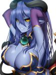  armpits arms_up astaroth_(shinrabanshou) black_sclera blue_hair blue_skin breasts bridal_gauntlets commentary_request demon demon_girl demon_horns earrings gloves gold_trim grin hair_between_eyes heart heart_earrings highres horns jewelry large_breasts long_hair looking_at_viewer mofuaki parted_lips pointy_ears purple_gloves shinrabanshou shiny shiny_hair shiny_skin simple_background skindentation smile solo succubus teeth white_background wings yellow_eyes 