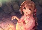  :d blush brown_eyes brown_hair commentary_request fireworks floral_print flower hair_flower hair_ornament highres holding idolmaster idolmaster_cinderella_girls japanese_clothes kimono long_hair long_sleeves looking_at_viewer night open_mouth outdoors pink_kimono print_kimono red_flower revision senkou_hanabi shimamura_uzuki smile solo sparkler squatting u_rin very_long_hair white_flower wide_sleeves yukata 