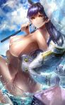  animal_ears ass atago_(azur_lane) azur_lane bangs bare_shoulders bikini black_hair blue_sky blurry_foreground blush breasts brown_eyes cloud commentary_request covered_nipples day extra_ears eyebrows_visible_through_hair hair_ribbon high_heels highres holding holding_umbrella jacket jacket_removed large_breasts long_hair looking_at_viewer mole mole_under_eye outdoors parted_lips partially_submerged ribbon see-through side-tie_bikini sidelocks signature signo_aaa sitting sky smile solo swept_bangs swimsuit thighs twisted_torso umbrella uniform white_bikini white_ribbon 