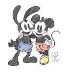  2017 4_fingers anthro barefoot black_eyes blush clothed clothing cuckold&#039;s_horns diana_barron disney duo empty_eyes footwear hand_on_hip lagomorph looking_at_viewer mammal mickey_mouse mouse open_mouth open_smile oswald_the_lucky_rabbit rabbit rodent round_ears shoes shorts signature simple_background small_tail smile topless white_background white_gloves 