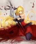 absurdres bare_shoulders black_legwear blonde_hair blood breasts cleavage commentary dress elbow_gloves fur_trim gloves highres holding holding_sword holding_weapon kiss-shot_acerola-orion_heart-under-blade kosyuz large_breasts long_hair monogatari_(series) older planted_sword planted_weapon red_dress sideboob sitting strapless strapless_dress sword vampire very_long_hair weapon yellow_eyes 