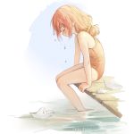  arched_back arm_support artist_name bangs blush child closed_eyes closed_mouth commentary dripping ears everlasting_summer fairyapple from_side hair_ornament hair_scrunchie hairband highres long_bangs one-piece_swimsuit orange_hair orange_swimsuit outdoors paper_boat partially_submerged ponytail profile russian_commentary scrunchie short_hair short_ponytail sidelocks sitting smile soaking_feet solo swimsuit ussr-tan water water_drop 