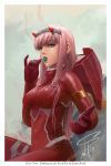  artist_name bangs bodysuit breasts candy commentary darling_in_the_franxx english_commentary eyeshadow food green_eyes hairband highres holding_lollipop horns instagram_username justin_paul lollipop long_hair looking_at_viewer makeup medium_breasts oni_horns open_mouth outstretched_arm pilot_suit pink_hair red_bodysuit red_horns signature sitting skin_tight solo straight_hair twitter_username white_hairband zero_two_(darling_in_the_franxx) 