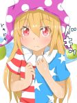  american_flag_shirt arms_up blonde_hair blush clownpiece commentary_request eyebrows_visible_through_hair fairy_wings fang hair_between_eyes hands_on_own_chest hat highres jester_cap light_frown long_hair looking_at_viewer mizune_(winter) neck_ruff onomatopoeia polka_dot_hat purple_hat red_eyes simple_background solo sweat sweating_profusely thick_eyebrows touhou upper_body white_background wings 