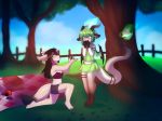  2018 anthro black_hair blush box-cat canine clothed clothing detailed_background digital_media_(artwork) dragon duo female female/female fluffy fluffy_tail fur green_eyes hair horn kyoko_komurasaki mammal multicolored_hair outside park proposal public purple_hair shorts sky smile standing tree vilosa wolf 