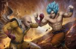  abs angry bald battle belt boots cape chest clenched_hands clenched_teeth commentary crack crossover deviantart_username dragon_ball duel energy english_commentary epic fire gloves ground_shatter manly molten_rock multiple_boys muscle one-punch_man pointy_hair realistic saitama_(one-punch_man) sam_delatore shirtless signature son_gokuu spiked_hair super_saiyan_blue teeth torn_clothes 