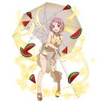  :d absurdres bangs breasts cleavage collarbone food fruit full_body hair_ornament hairclip hand_on_lap highres jewelry leaning_forward lisbeth lisbeth_(sao-alo) looking_at_viewer medium_breasts navel necklace official_art open_mouth parasol parted_bangs pink_eyes pink_hair pointy_ears sarong short_hair simple_background smile solo standing sword_art_online sword_art_online:_code_register thigh_strap umbrella watermelon white_background yellow_bikini_top 