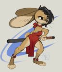  anklet anthro black_hair brown_eyes brown_fur clothed clothing dress female fully_clothed fur hair jewelry lagomorph mammal melee_weapon rabbit reign-2004 solo sword tan_fur weapon 