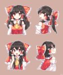  :d :o ascot bare_shoulders black_hair blouse blush bow cheunes commentary detached_sleeves expressions fist_pump from_side hair_bow hair_tubes hakurei_reimu happy heart highres large_bow long_hair looking_at_viewer looking_back multiple_views open_mouth ponytail profile red_eyes short_hair smile touhou upper_body wide_sleeves yellow_neckwear 