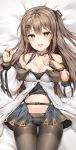  bangs bare_shoulders bed_sheet black_panties black_skirt blush breasts brown_eyes brown_hair brown_legwear cleavage clenched_hand collarbone cowboy_shot dakimakura eyebrows_visible_through_hair fingerless_gloves girls_frontline gloves hair_ornament hairclip hand_on_own_chest hand_up highres jacket k-2_(girls_frontline) long_hair looking_at_viewer lying medium_breasts miniskirt navel off_shoulder on_back open_clothes open_jacket open_mouth open_skirt painteen panties pantyhose partly_fingerless_gloves sidelocks simple_background skirt smile solo stomach strap tareme thighband_pantyhose underwear upper_teeth 