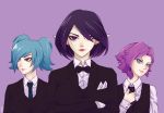  absurdres blue_eyes blue_hair bow bowtie commentary commentary_typo english_commentary evie_(paladins) formal highres maeve_(paladins) multiple_girls necktie paladins pandewiratama pink_hair purple_background purple_eyes purple_hair short_hair skye_(paladins) slit_pupils suit tuxedo 