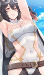  animal_ears armpits arms_behind_head arms_up bare_shoulders belt black_hair blush breasts cape cleavage covered_navel erune eyewear_on_head granblue_fantasy hair_between_eyes halterneck hat hat_ribbon hews_hack highres hips ilsa_(granblue_fantasy) large_breasts long_hair looking_at_viewer navel one-piece_swimsuit one_eye_closed parted_lips red_eyes ribbon smile solo sunglasses swimsuit white_swimsuit 