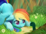 2018 bent_over blue_feathers crying cute cutie_mark dandelion draconidsmxz duo equine eyelashes feathered_wings feathers feral floppy_ears flower forest friendship_is_magic grass hair happy hi_res hooves male mammal multicolored_hair my_little_pony nude outside pegasus pet plant purple_eyes rainbow_dash_(mlp) rainbow_hair reptile scalie signature smile sunlight tank_(mlp) tears tears_of_joy tortoise tree turtle wings 
