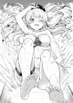  ;d arm_up barefoot bikini breasts commentary_request covered_nipples feet granblue_fantasy greyscale highres large_breasts long_hair monica_weisswind monochrome mushi024 one_eye_closed open_mouth smile soles solo swimsuit toes water_slide wavy_hair 