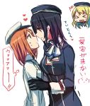  &gt;_&lt; aoki_shizumi atago_(kantai_collection) black_gloves black_hair blonde_hair blue_hat closed_eyes emoticon female_admiral_(kantai_collection) gloves hat heart kantai_collection long_hair long_sleeves looking_at_another medium_hair multiple_girls orange_hair profile sketch sweat takao_(kantai_collection) thought_bubble translation_request upper_body white_hat yuri 