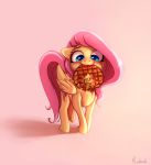  2018 absurd_res equine feathered_wings feathers female feral fluttershy_(mlp) food freckles friendship_is_magic hair hi_res long_hair mammal miokomata my_little_pony pegasus pink_background pink_hair simple_background solo waffle wings 