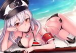  arm_up armband ass bad_anatomy bad_proportions bangs bare_shoulders beach bikini black_bikini black_footwear black_hat black_legwear blush bolt_action boots breasts cleavage collarbone commentary day eyebrows_visible_through_hair germany girls_frontline gun hair_between_eyes hat iron_cross kar98k_(girls_frontline) long_hair looking_at_viewer lying mauser_98 medium_breasts military_hat navel object_namesake ocean on_stomach outdoors parted_lips peaked_cap red_eyes rifle ryuinu sand side-tie_bikini silver_hair solo swimsuit thigh_boots thighhighs very_long_hair water weapon 