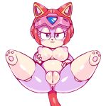  anthro anus armor black_nose blue_eyes blush breasts cat clitoral_hood cybernetics cyborg feline female fur half-closed_eyes helmet hi_res hindpaw holding_breast inviting long_tail looking_at_viewer lying machine mammal mostly_nude multicolored_fur nipples on_back pawpads paws pink_nipples pink_pawpads plump_labia polly_esther presenting presenting_pussy purple_fur pussy red_tail samurai_pizza_cats simple_background smile solo spread_legs spreading tan_fur two_tone_fur white_background ɯ(_&ndash;_&ndash;_)ɯ 