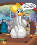  &lt;3 2016 absurd_res anthro areola avian beak big_breasts big_butt bird blonde_hair breasts brigitta_mcbridge butt chair city cityscape desk detailed_background dialogue disney duck ducktits ear_piercing english_text eyelashes feathers female hair hand_on_breast hi_res holding_object huge_breasts jewelry looking_back mature_female money necklace nipples nude pencil_(disambiguation) piercing seductive short_hair side_boob sitting smile solo speech_bubble tail_feathers text white_feathers window 