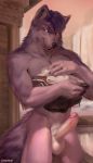  2018 anthro balls butt canine chunie claws clothing detailed_background digital_media_(artwork) erection fur glans hair hi_res humanoid_penis looking_aside male mammal muscular muscular_male nude open_mouth outside penis pubes retracted_foreskin sky smile solo standing uncut water waterfall wolf 