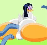  2015 anal anal_juice anal_penetration anthro anus avian beak big_breasts big_butt bird black_hair breasts butt disney duck ducktits eyes_closed eyeshadow feathers female hair hi_res long_hair lying magica_de_spell makeup nude penetration pussy simple_background smile solo tail_feathers tentacle_sex tentacles thick_thighs white_feathers yellow_background 