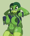  2016 absurd_res anthro areola avian beak big_breasts bird breasts dark_hair disney duck ducktits eyelashes feathers featureless_crotch female green_feathers hair hi_res huge_breasts long_hair looking_at_viewer magica_de_spell muscular mutation navel nipples nude open_mouth simple_background solo standing tail_feathers 