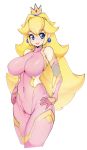  absurdres bad_id bad_twitter_id bare_shoulders blonde_hair blush bodysuit breasts cosplay covered_navel crown earrings elbow_gloves fishnets gloves hand_on_hip highres jewelry large_breasts legs_together lips long_hair looking_to_the_side mario_(series) parted_lips pink_bodysuit princess_peach shiny shiny_clothes shiny_hair shiny_skin simple_background skin_tight slugbox solo standing super_mario_bros. taimanin_(series) taimanin_asagi taimanin_suit teeth white_background 