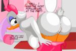  2015 anthro anus areola avian beak bed bedroom bent_over big_breasts big_butt bird bow_ribbon breasts butt clitoris clothing daisy_duck detailed_background dialogue disney dress duck ducktits english_text eyelashes eyeshadow feathers female half-closed_eyes hi_res lamp legs_together makeup mirror nipples pillow pussy solo tail_feathers text undressing white_feathers 
