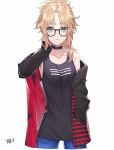  armpit_peek bad_id bad_pixiv_id bangs bare_shoulders belt_collar bespectacled black-framed_eyewear black_collar black_jacket black_tank_top blonde_hair blue_pants breasts buckle closed_mouth collarbone cowboy_shot cropped_legs expressionless eyebrows_visible_through_hair fate/apocrypha fate_(series) glasses green_eyes hair_over_shoulder hand_in_hair hand_in_pocket highres ichinosenen jacket long_hair long_sleeves looking_at_viewer mordred_(fate) mordred_(fate)_(all) off_shoulder open_clothes open_jacket pants parted_bangs pocket ponytail red_jacket shiny shiny_hair sidelocks signature simple_background small_breasts solo standing striped_jacket white_background 