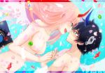  1girl bangs black_hair blue_eyes blue_horns book breasts bubble candy chibi commentary couple darling_in_the_franxx face-to-face facing_another feathers floating floating_hair food forehead-to-forehead green_eyes hetero hiro_(darling_in_the_franxx) holding_hands horns interlocked_fingers lollipop long_hair looking_at_another medium_breasts no_nipples nude oni_horns pink_hair red_horns submerged temaroppu_(ppp_10cc) white_wings wings zero_two_(darling_in_the_franxx) 