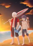  2boys :d abigail_williams_(fate/grand_order) abs absurdres archer bangs barefoot beach_umbrella black_bow black_hair black_shorts blue_eyes blurry blurry_background blush bow carrying cloud commentary_request cooler depth_of_field eye_contact eyebrows_visible_through_hair fate/grand_order fate/stay_night fate_(series) fujimaru_ritsuka_(male) hair_between_eyes hair_bow high_ponytail highres holding horizon jacket light_brown_hair long_hair looking_at_another multiple_boys ocean open_clothes open_jacket open_mouth orange_bow outdoors parted_bangs piggyback polka_dot polka_dot_bow ponytail purple_eyes red_jacket short_sleeves shorts sidelocks silver_hair sky smile standing su_guryu summer sunset umbrella very_long_hair walking water 