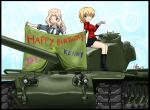  blonde_hair blue_background blue_eyes caterpillar_tracks commentary cup cyber_(cyber_knight) darjeeling english girls_und_panzer ground_vehicle kay_(girls_und_panzer) long_hair military military_vehicle motor_vehicle multiple_girls paint saunders_school_uniform skirt smile st._gloriana's_military_uniform t110_heavy_tank tank teacup thumbs_up 