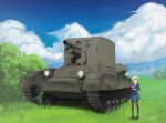  bishop_spg blonde_hair blue_eyes caterpillar_tracks cloud commentary_request cup darjeeling day girls_und_panzer grass ground_vehicle military military_vehicle motor_vehicle self-propelled_gun skirt sky smile st._gloriana's_school_uniform tank teacup tree yoake_no_koromo 