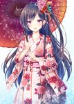  akashio_(loli_ace) bag black_hair blush commentary_request eyebrows_visible_through_hair eyes_visible_through_hair floral_print flower hair_flower hair_ornament highres japanese_clothes kimono long_hair looking_at_viewer obi one_side_up oriental_umbrella original parted_lips print_kimono purple_eyes sash smile solo umbrella very_long_hair wide_sleeves 